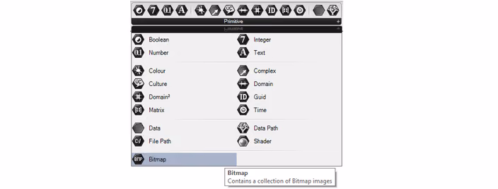 Grasshopper Primitives menu displaying the Bitmap parameter for image collections.