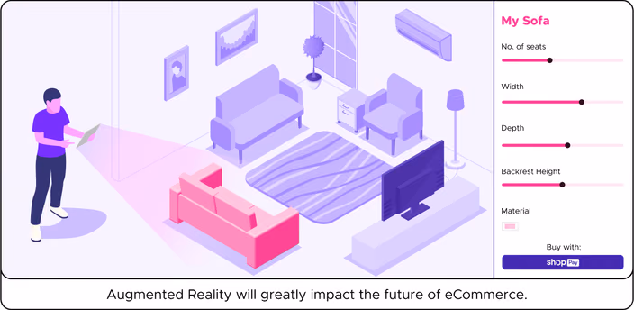 Online furniture configurator interface with customizable 3D sofas and parameter sliders.