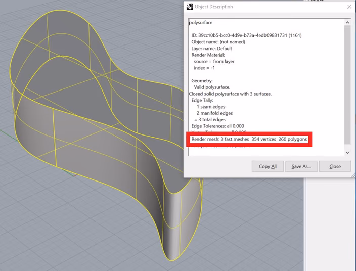 A b-rep in Rhino next to its object description, with the size of its render mesh highlighted