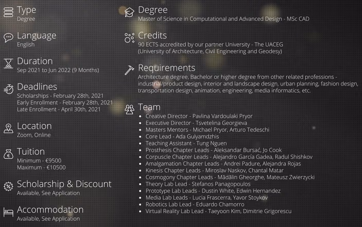 Program overview infographic showing degree type, duration, deadlines, location, tuition costs, team members, and scholarship details