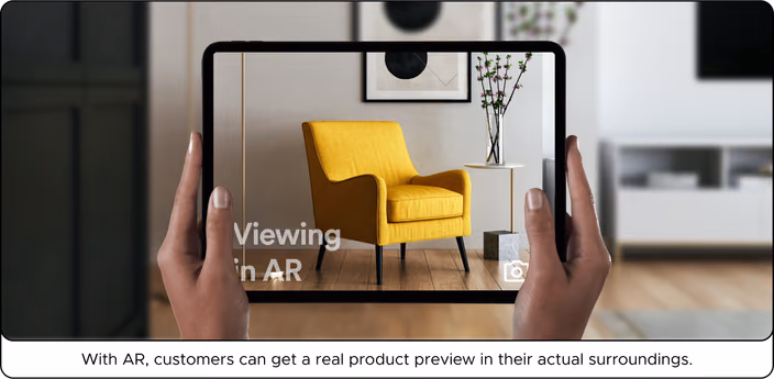 Smartphone showing augmented reality preview of a yellow armchair positioned in a real living room.