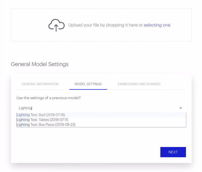 Model upload form showing the Model Settings tab with options to select a previous model to copy viewer settings from, displaying example lighting test models.
