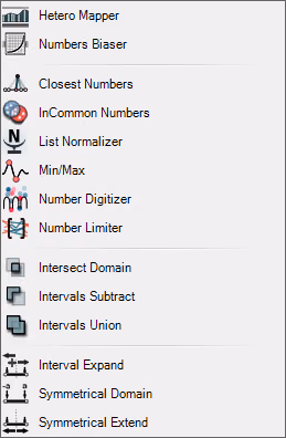 Heteroptera components menu showing utility functions including Hetero Mapper, Numbers Blaser, and Closest Numbers