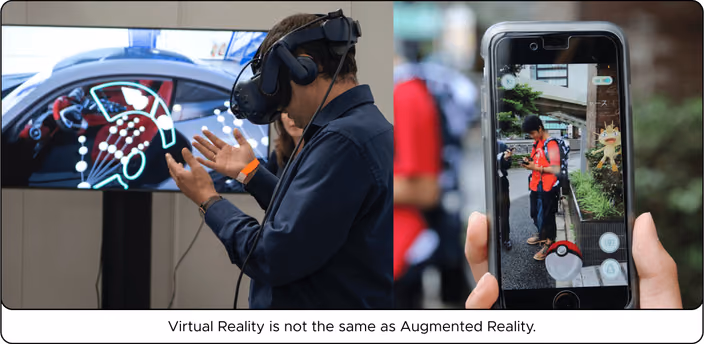 Comparison of VR headset experience with virtual car dashboard versus AR smartphone showing Pokémon-like character in real outdoor location.