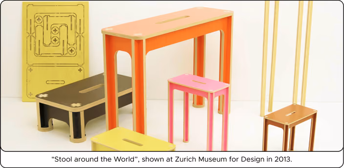 Stool around the World project displayed at Zurich Museum for Design in 2013, showcasing various colorful wooden furniture pieces