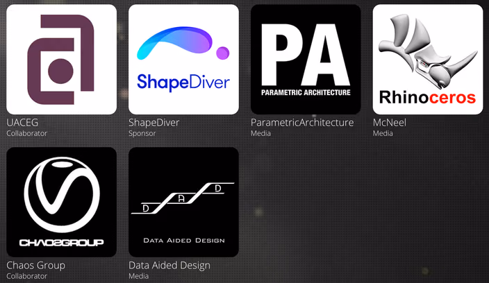 Sponsor and collaborator logos including UACEG, ShapeDiver, ParametricArchitecture, McNeel, Chaos Group, and Data Aided Design