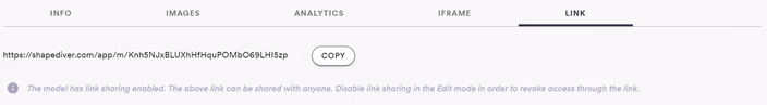 Link sharing interface displaying a unique private link that can be copied and shared to provide access to private models