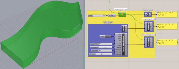 The same extruded shape meshed three ways in Grasshopper, with the vertex and face count of each