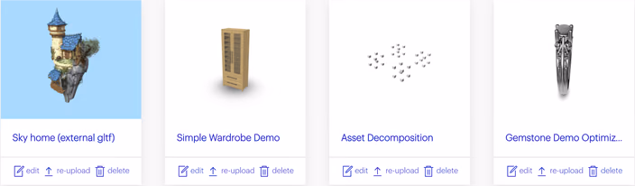 ShapeDiver dashboard showing model cards for Sky home, Simple Wardrobe Demo, Asset Decomposition, and Gemstone Demo with edit, re-upload, and delete options for each model.