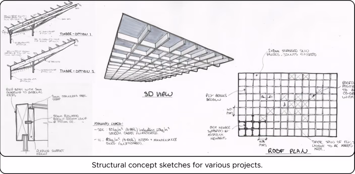 Structural concept sketches for various projects showing timber and structural details.