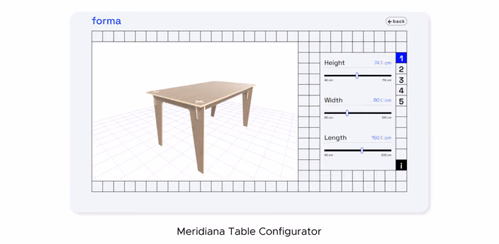 Forma platform interface showing Meridiana Table configurator with 3D preview and adjustable parameters for height, width, and length