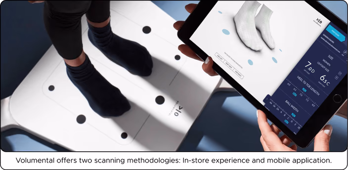 Volumental 3D foot scanning hardware with black reference markers and mobile app interface displaying scan measurements and recommendations