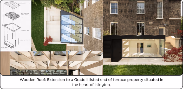 Wooden Roof: Extension to a Grade II listed end of terrace property situated in the heart of Islington.