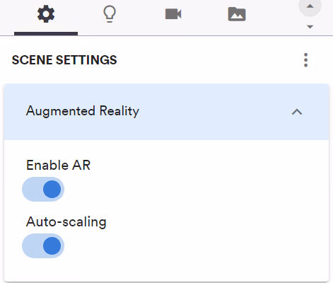 Augmented Reality settings panel with toggles for Enable AR and Auto-scaling features