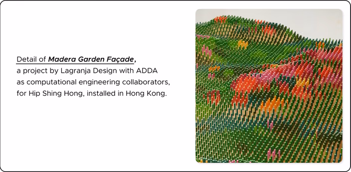 Detail of Madera Garden Façade, a parametric design project with colorful pattern created for installation in Hong Kong