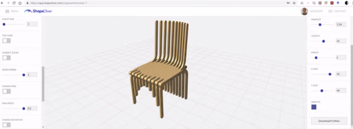 ShapeDiver parametric chair configurator with 3D model and adjustment sliders
