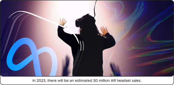Person wearing VR headset against abstract colorful background with Meta Quest logo symbol.