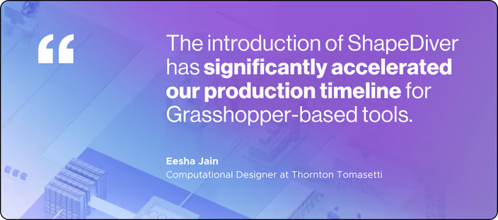 Quote about ShapeDiver accelerating production timelines for Grasshopper tools by Eesha Jain, Computational Designer at Thornton Tomasetti.