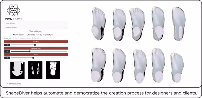 VivoBiome parametric design interface in browser showing adjustable shoe parameters and multiple sole variations on right