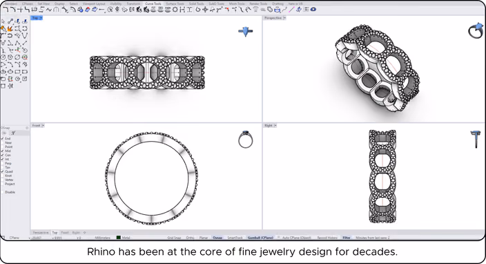 Rhino 3D software interface showing parametric jewelry ring designs with stone settings from multiple viewpoints