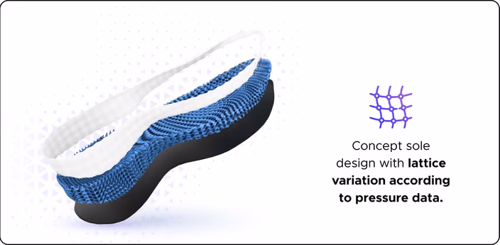 Concept shoe sole design with lattice pattern variation according to pressure data, showing three different material densities
