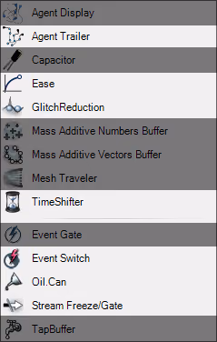 Additional Heteroptera components including Agent Display and Stream Freeze/Gate with some grayed out as unsupported