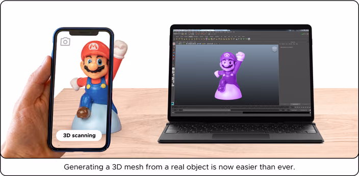 Comparison of smartphone 3D scanning a Mario figurine and laptop screen showing the 3D model in Blender software.