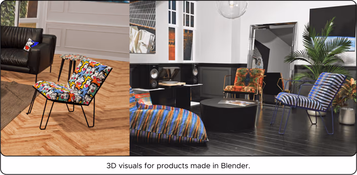 3D visualizations of Saw & Sew furniture in various interior settings, created using Blender.