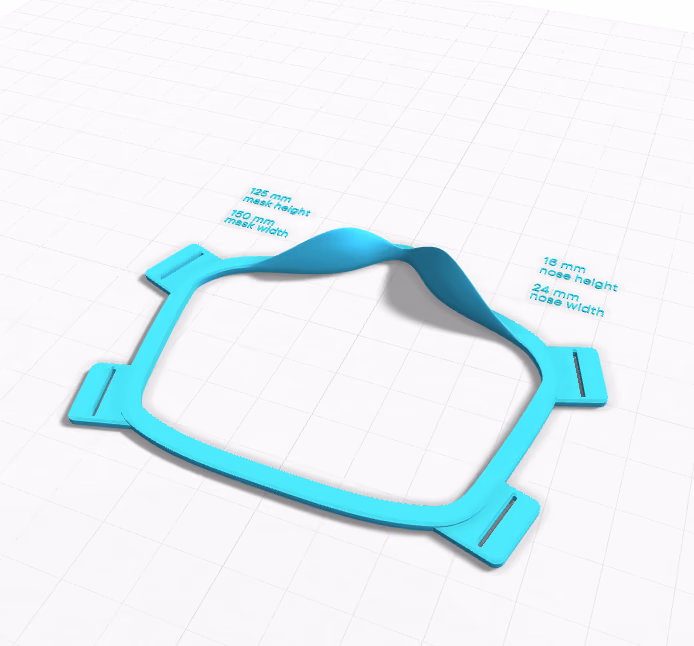 Cyan 3D-printed face shield showing parametric height and width measurements