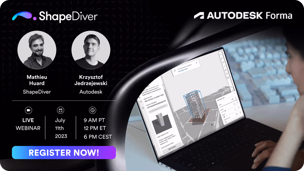 Webinar promotion featuring hosts Mathieu Huard and Krzysztof Jedrzejewski with ShapeDiver and Autodesk Forma logos, event date of July 11, 2023, and a laptop displaying the Autodesk Forma interface