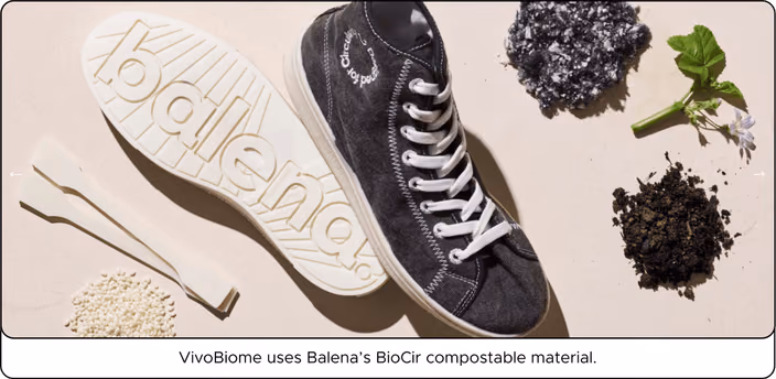 Vivobarefoot shoe with tread pattern alongside Balena’’s BioCir compostable material particles and plant growth
