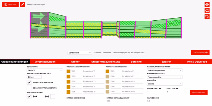 Screenshot of the ShapeDiver online application showing a 3D wall model with colored panels and configuration settings panel below.