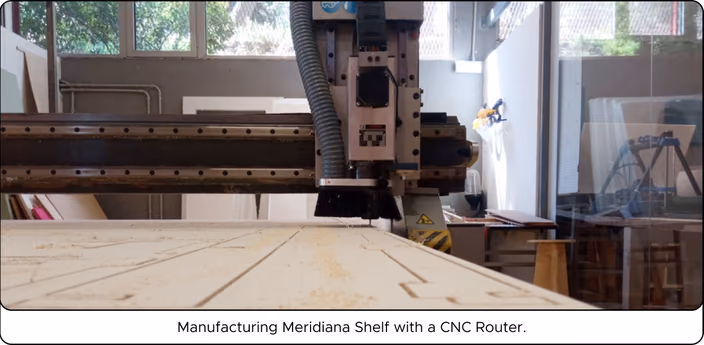 CNC router machine manufacturing the Meridiana Shelf from wood, demonstrating digital fabrication of parametric designs