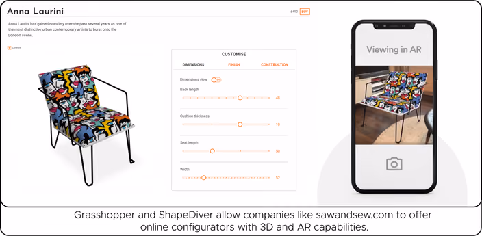 Customizable pop art chair product interface with parameter sliders and AR preview on smartphone.