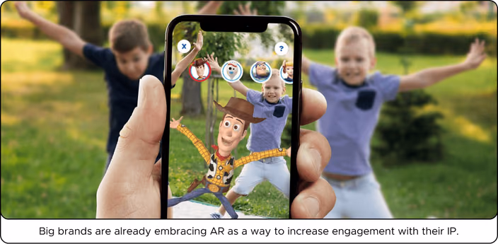 Toy Story augmented reality app displaying Woody and other toys overlaid on children playing outdoors.