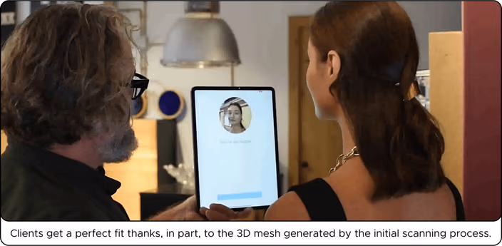 Frametric app showing 3D face scan result on tablet during eyewear fitting consultation