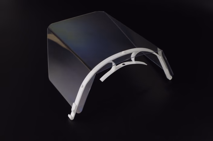 White and dark gray 3D-printed visor-style protective shield