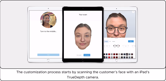 Frametric app interface showing face scanning process on iPad with design customization options