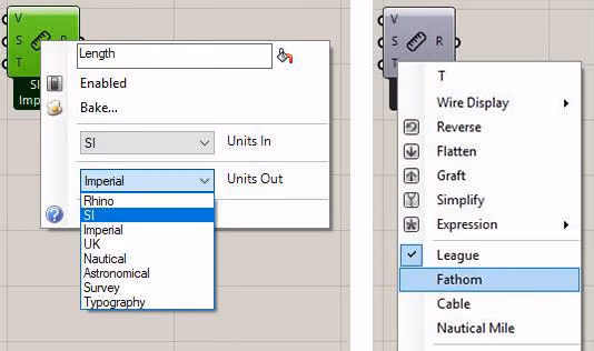 Caterpillar unit conversion component interface showing options to set source units (SI) and target units (Imperial) with menu showing various standards like Rhino, Metric, and Nautical