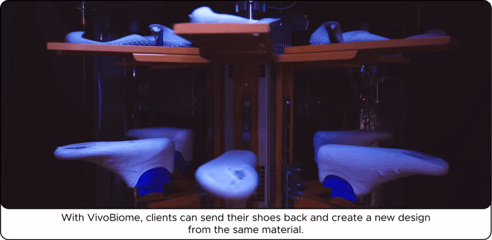 Multiple 3D-printed shoes on FDM printer bed during manufacturing with blue lighting illuminating the production process