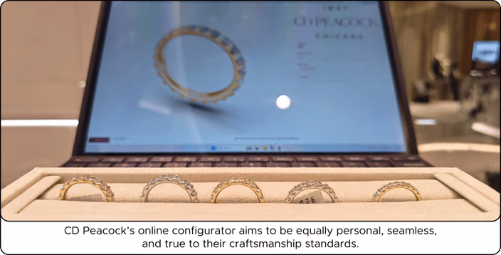 CD Peacock’s 3D ring configurator displayed on a laptop alongside physical sample wedding rings