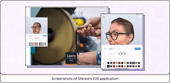 Frametric iOS app interface showing face preview, frame design options, and color palette selection