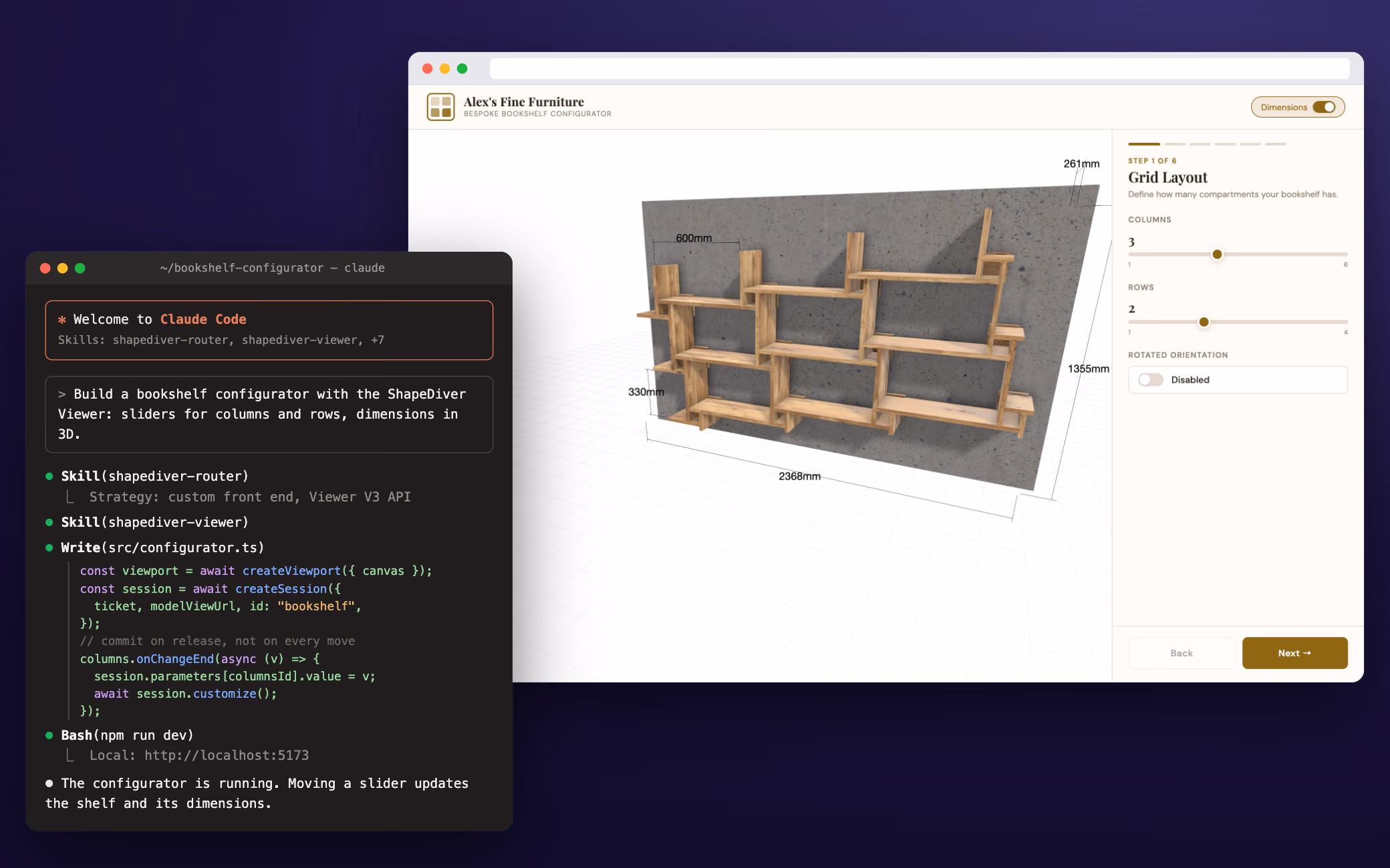 Illustration: a Claude Code terminal loads the ShapeDiver router and viewer skills, writes Viewer API code that creates a viewport and a session and updates the column count when a slider is released, and starts a dev server; behind it, a bookshelf configurator shows a wooden wall shelf in 3D with its dimensions, next to sliders for columns and rows.