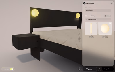 Robuust’s configurator: a black steel bed with a headboard, two lit round lamps, a mattress, and a nightstand, next to the lighting options and a live price