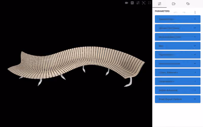 holzbiegen.ch’s configurator: a long, curving HARMONICA bench of bent wooden slats in 3D, next to its parameters