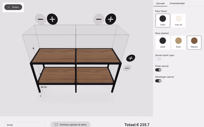 Kastell’s App Builder configurator showing a two-bay open shelf unit with a black frame and walnut shelves, plus and minus buttons to add bays, and swatches for the frame and shelf colors