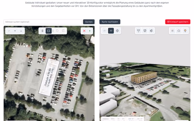 Rhomberg’s PLATO configurator: a building footprint drawn over a car park on an aerial map, beside the generated timber apartment building on stilts in a 3D site model