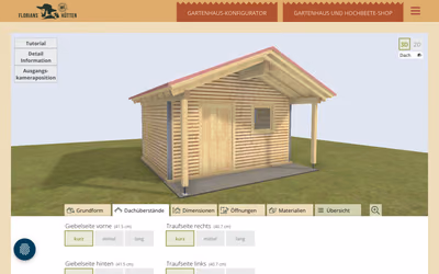 Florians Hütten’s configurator: a log garden house with a red roof and a covered porch, with options for roof overhangs below