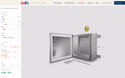 indEx Enclosures’ 3D configurator: an open stainless-steel ATEX enclosure with its dimensions, next to sliders for height, width, and depth, options for material and accessories, and an indicative price