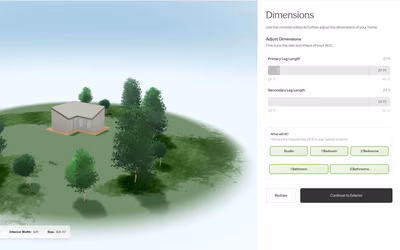 Type Five’s configurator: an L-shaped backyard home on a wooded lot, next to sliders for the length of each leg and the layouts that fit, from a studio to two bedrooms